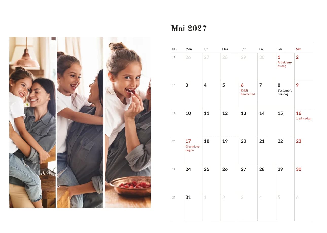 A4 liggende kalender med tre bilder på månedssiden