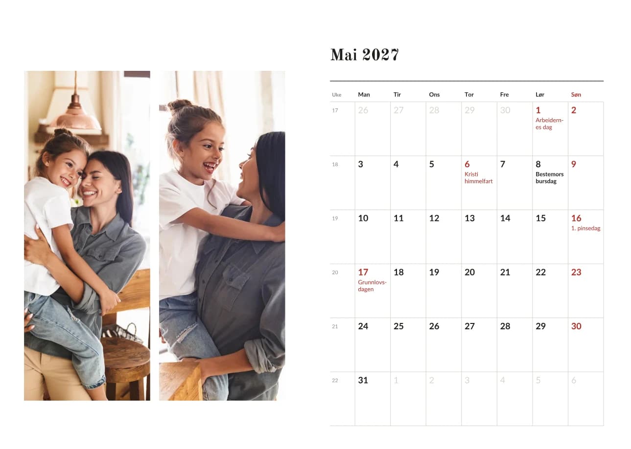 Liggende kalender: to bilder, vist med eksempelbilder