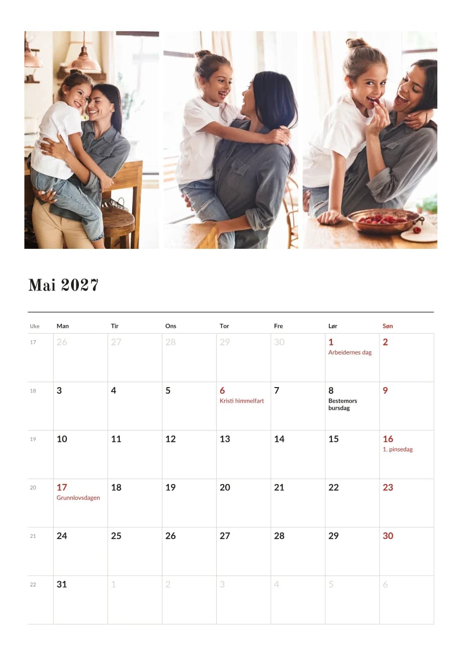 Stående fotokalender med tre bilder over månedsoversikten