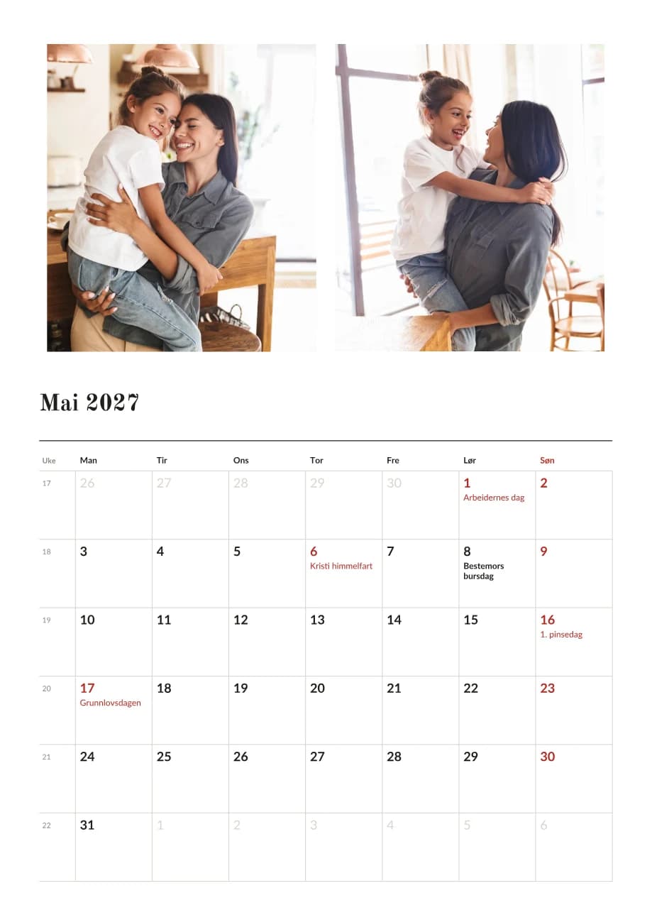 Stående kalender: to bilder, vist med eksempelbilder